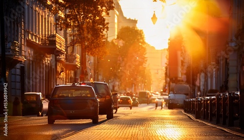 golden hour city street bathed in warm sunlight bokeh effect adds a magical touch