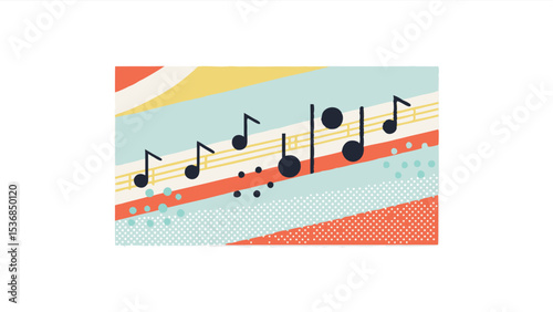 Musical notes on stripes of pastel colors and polka dots creating a vibrant and playful composition