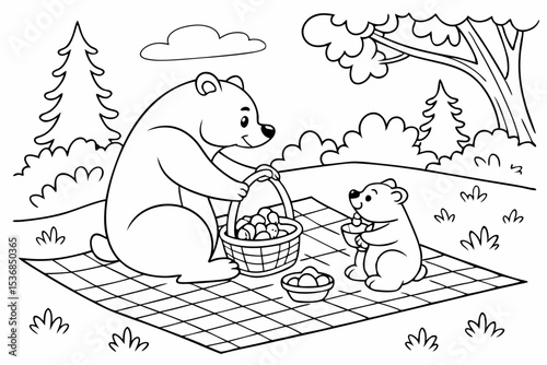 coloring page for kids, a family of bears having a picnic on a checkered blanket, with a basket of berries and honey pots, simple forest background, thick outlines, black and white