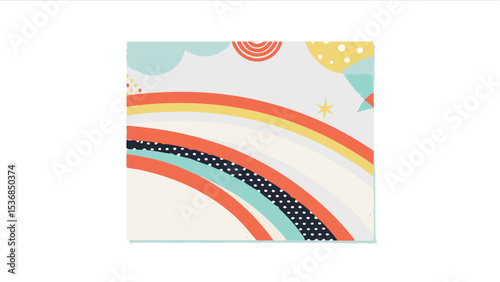 Colorful whimsical background with rainbow clouds and confetti design elements in pastel shades style