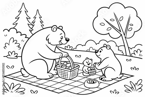 coloring page for kids, a family of bears having a picnic on a checkered blanket, with a basket of berries and honey pots, simple forest background, thick outlines, black and white