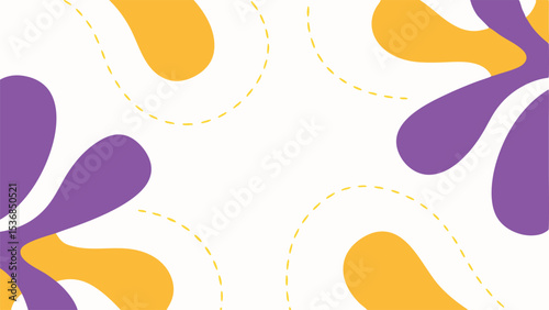 Abstract background with purple and yellow organic shapes and dashed lines on a white surface