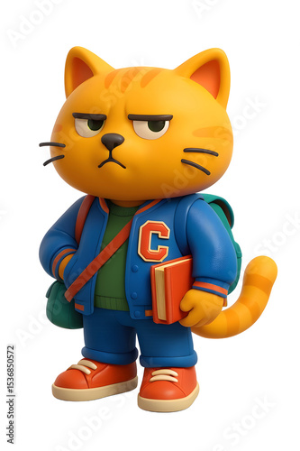 3D cartoon of a moody orange cat dressed as a student holding a book and wearing a varsity jacket.