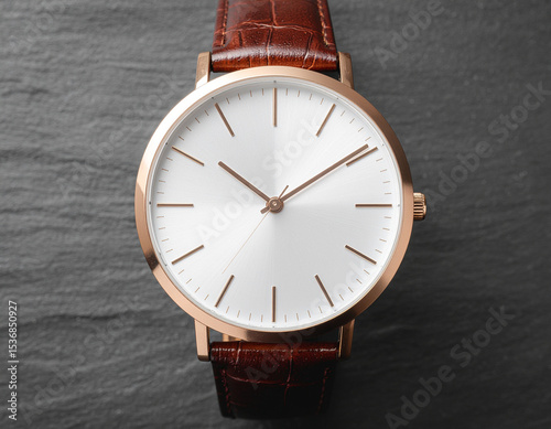 Elegant Rose Gold Analog Wristwatch on Brown Leather Strap photo