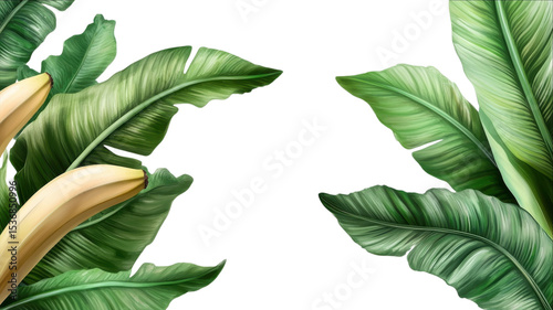 Banana leaves and ripe bananas create a stunning tropical backdrop with vibrant greenery and a fresh, inviting ambiance, perfect for summer vibes or botanical themes.