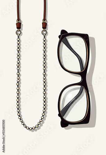 An elegant illustration of fashionable eyeglasses with a classic pearl beaded glasses chain, a practical and stylish accessory for holding spectacles securely.
