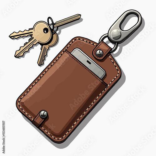 A detailed illustration of an everyday carry set, featuring house keys and a brown leather key fob with a carabiner for holding a smart key or access card.
