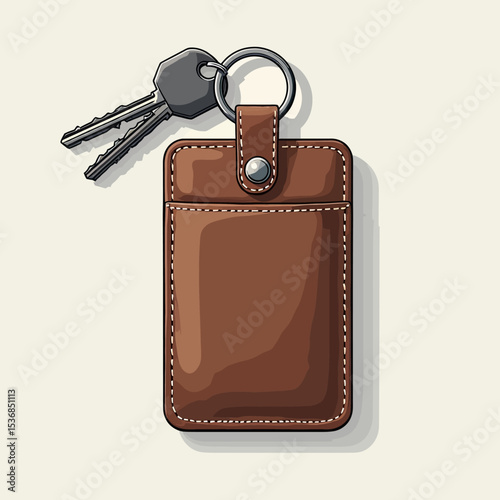 A detailed illustration of a stylish brown leather key pouch with a snap closure and ring, shown with two house keys, ideal for everyday carry organization.
