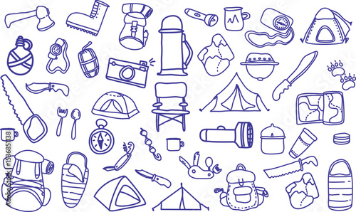 Camping adventure doodle icon set. Hand drawn vector sketch of hiking, tent, gear, backpack, campfire, map, tools, and forest travel items. Fun outdoor elements for kids, posters, or stickers.