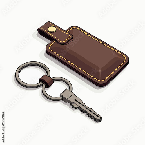 An isometric illustration of a house key on a ring attached to a stitched brown leather fob, symbolizing security, real estate, and essential personal items.
