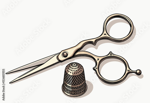 A classic still life illustration of essential sewing tools, featuring a pair of tailor's scissors and a metal thimble for dressmaking and haberdashery concepts.
