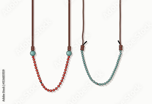 A minimalist illustration of two handmade beaded necklaces on leather cords, showcasing red and turquoise beads for a bohemian or artisanal fashion accessory design.
