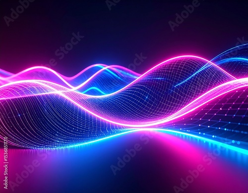 A glowing digital wireframe network grid created with soft neon lights in a futuristic AI style