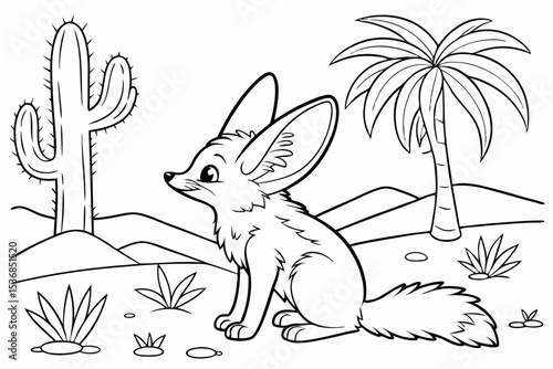 coloring page for kids, a fennec fox with very large ears, sitting upright and listening, surrounded by simple desert plants, kawaii style, thick outlines, black and white