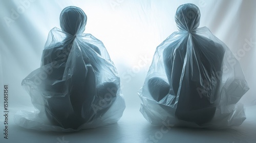 Human silhouettes enclosed in large transparent inflated plastic bags, plastic free bag day concept