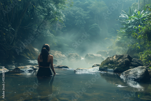 Woman Relaxing in Natural Hot Spring in Forest