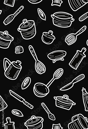 A seamless black and white pattern featuring hand-drawn kitchen utensil doodles, including pots, pans, and whisks, ideal for culinary blogs or recipe book covers.
