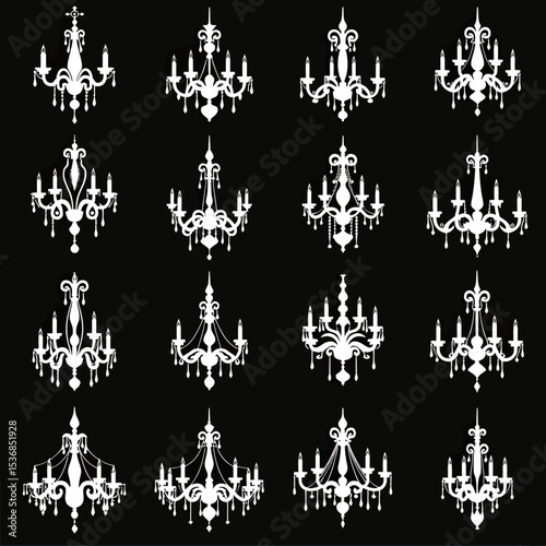 A collection of sixteen unique and elegant white chandelier silhouettes on a black background, perfect for interior design logos, vintage themes, or luxury decor.

