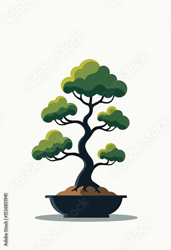 A stylized vector illustration of a Japanese bonsai tree with cloud-like foliage in a dark pot, representing zen, harmony, meditation, and the art of patience.

