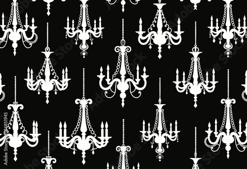 An elegant seamless pattern of white vintage chandelier silhouettes hanging on a black background, creating a luxurious and classic wallpaper for opulent interior design.

