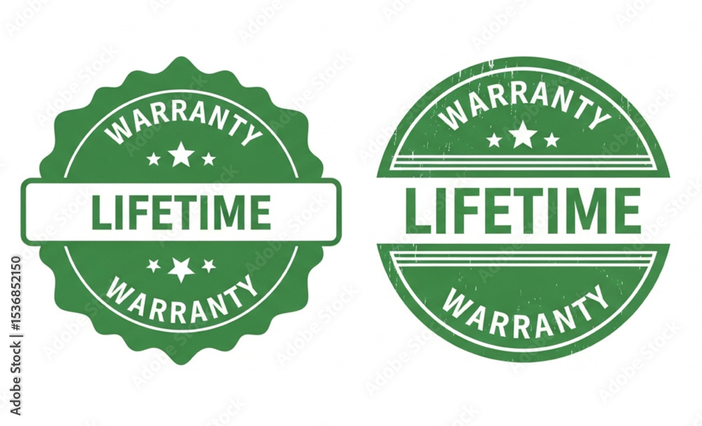 Obraz premium Lifetime Warranty Green Rubber Stamp Seals | Grunge Style Assurance Badges for Product Guarantee and Customer Trust