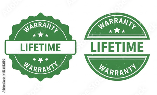 Lifetime Warranty Green Rubber Stamp Seals | Grunge Style Assurance Badges for Product Guarantee and Customer Trust