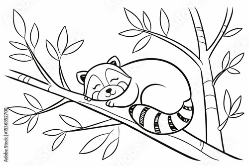 coloring page for kids, a fluffy red panda sleeping on a tree branch, curled into a ball with its big bushy tail used as a pillow, very cute, thick outlines, black and white