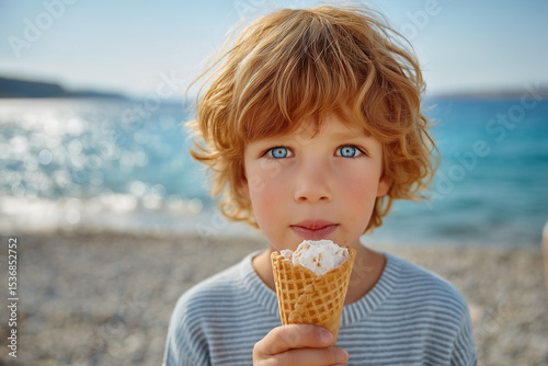 Young boy enjoying ice cream cone by the beach with sparkling water and pebbled shore in background