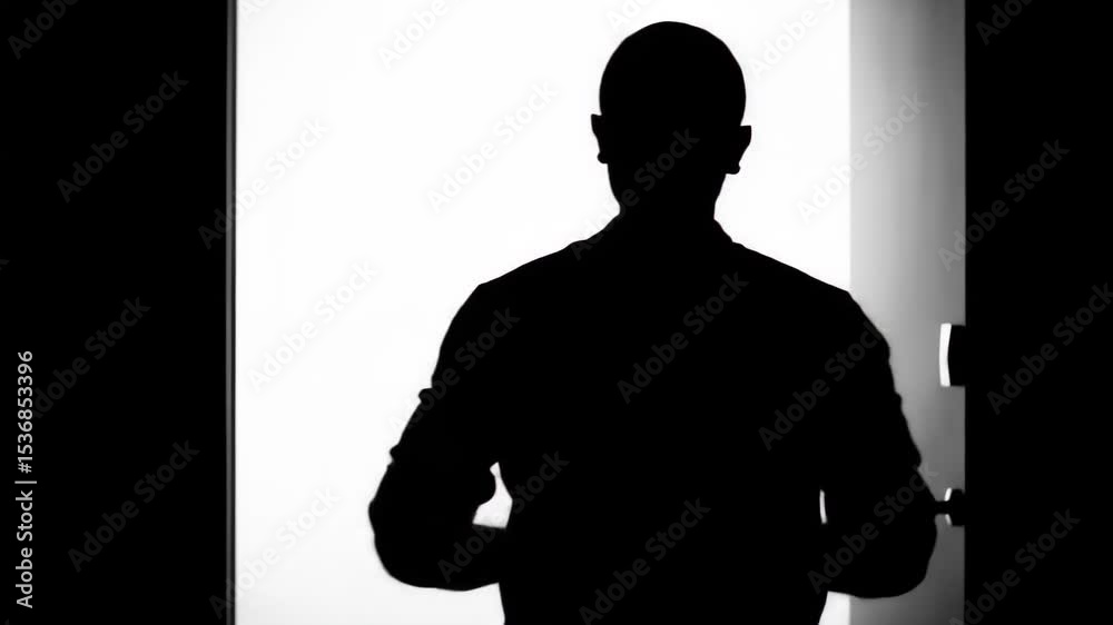 Silhouette of a person standing in doorway, emerging from darkness to lightness