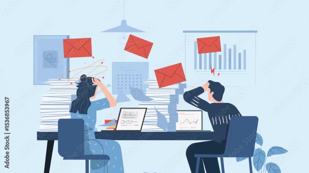  Overworked animated employees drowning in paperwork and office stress