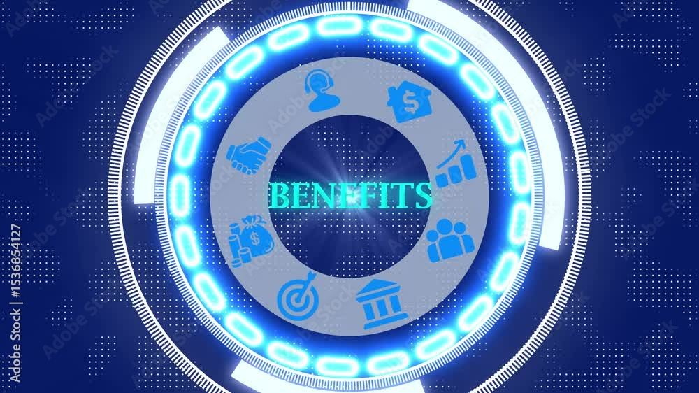 benefits concept on a glowing blue futuristic interface, with holographic HUD elements and elegant wave particle background for business growth and success visualization