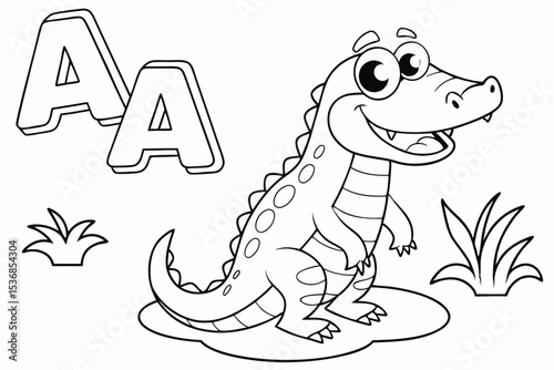 coloring page for kids, A for Alligator, a large, clear letter A next to a friendly cartoon alligator, educational page, thick outlines, black and white