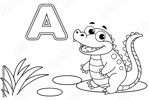 coloring page for kids, A for Alligator, a large, clear letter A next to a friendly cartoon alligator, educational page, thick outlines, black and white