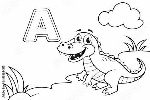 coloring page for kids, A for Alligator, a large, clear letter A next to a friendly cartoon alligator, educational page, thick outlines, black and white