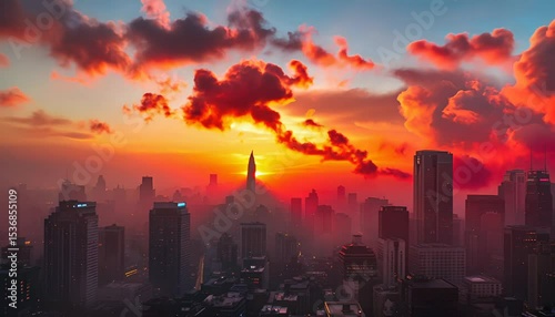 A vibrant red smoke billows across a cityscape at dusk