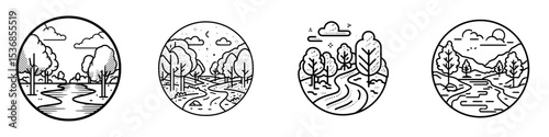 The image depicts a natural environment with a linear icon, featuring a river and trees, and includes a line with an editable stroke