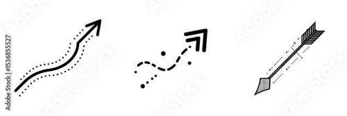 Black wavy arrow icon in flat style modern illustration with dashed line isolated on white and transparent background, also a simple dash arrow