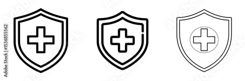 Modern icon representing a healthcare shield with an editable stroke, incorporating a medical cross for protection, symbolizing secure medicine insurance and reliable health aid
