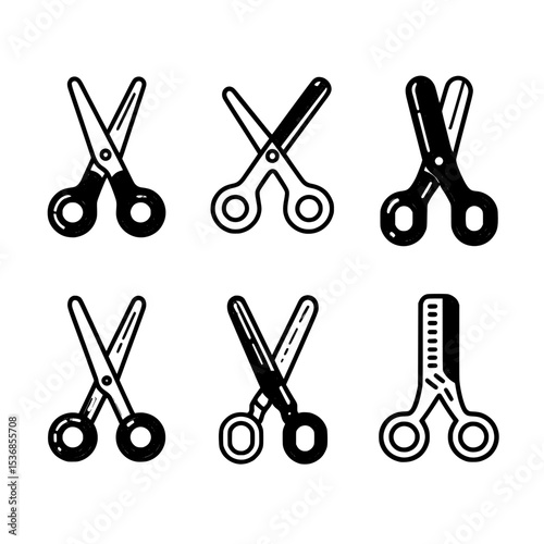 Red scissors symbols and cut it signs are part of an open scissors line icon set that also features a cut line illustration