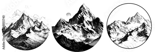 A detailed modern illustration of a mountain range is presented in black and white with a focus on snowy peak silhouettes