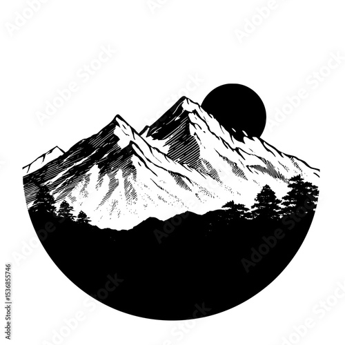 Majestic mountain range clipart in black and white, illustrated in a modern silhouette style