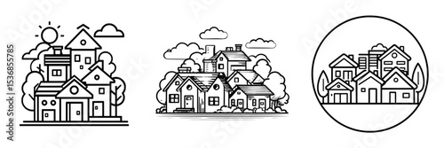 The icon represents a residential community in a linear style, featuring private houses with editable stroke width
