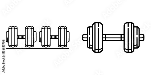 The design features dumbbells in a line, along with weights and other gear for strength training, fitness, and weightlifting, all on a clean white background with a contemporary feel, and includes an