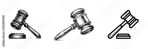 The illustration is a minimalist modern representation of a gavel in black and white, featuring an editable stroke