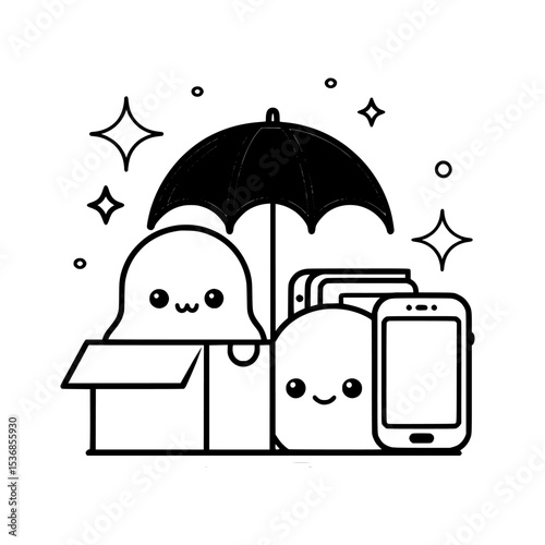 The icons for lost and found are presented in a modern illustration, featuring items like a box, umbrella, book, and mobile, as well as additional symbols for a book, umbrella, mobile, and phone