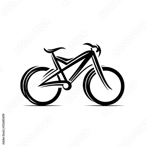 Black lines on a white background form a stylized bicycle icon, symbolizing mountain cycle competition, bike fest, and mountains bike racing logotype, with the addition of an abstract bicycle sign