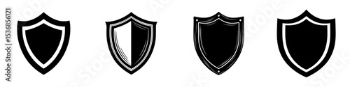 A black sign with a badge shield security silhouette is isolated on a white background in a modern flat style icon