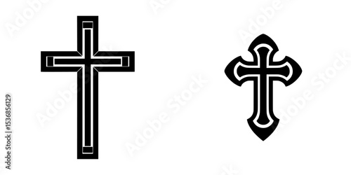 A modern flat style icon features a black Christian cross, an isolated faith symbol, on a clean white background, denoting God