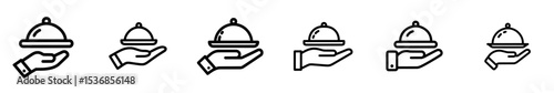 A modern illustration of a serving dish on a hand is depicted in a black and white line icon, symbolizing food service, hospitality, and restaurant concepts, with an editable stroke