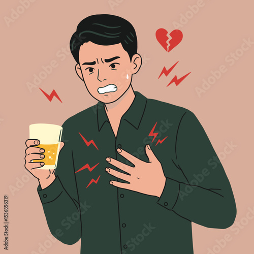 Young Man Experiencing Chest Pain with Alcohol Illustration